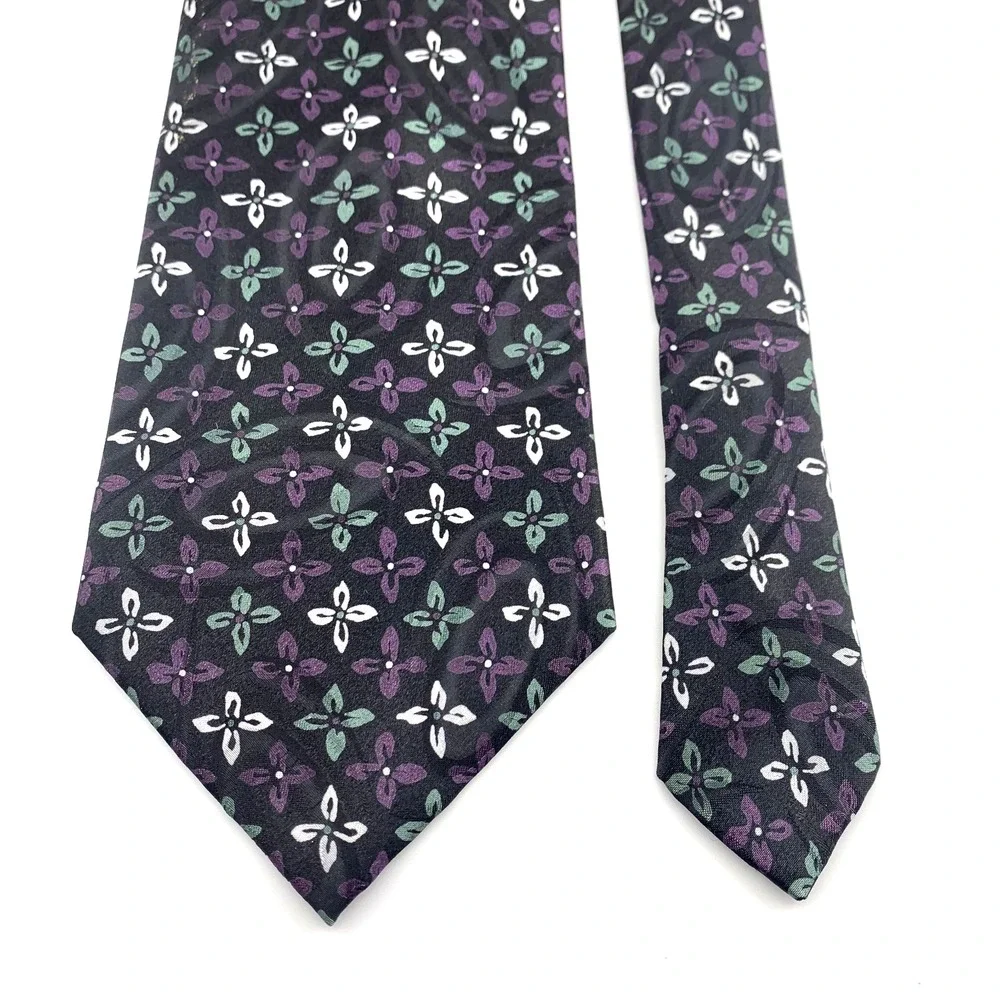 Christian Dior Monsieur Mens Tie Black & Purple Floral Pattern 100% Silk Necktie